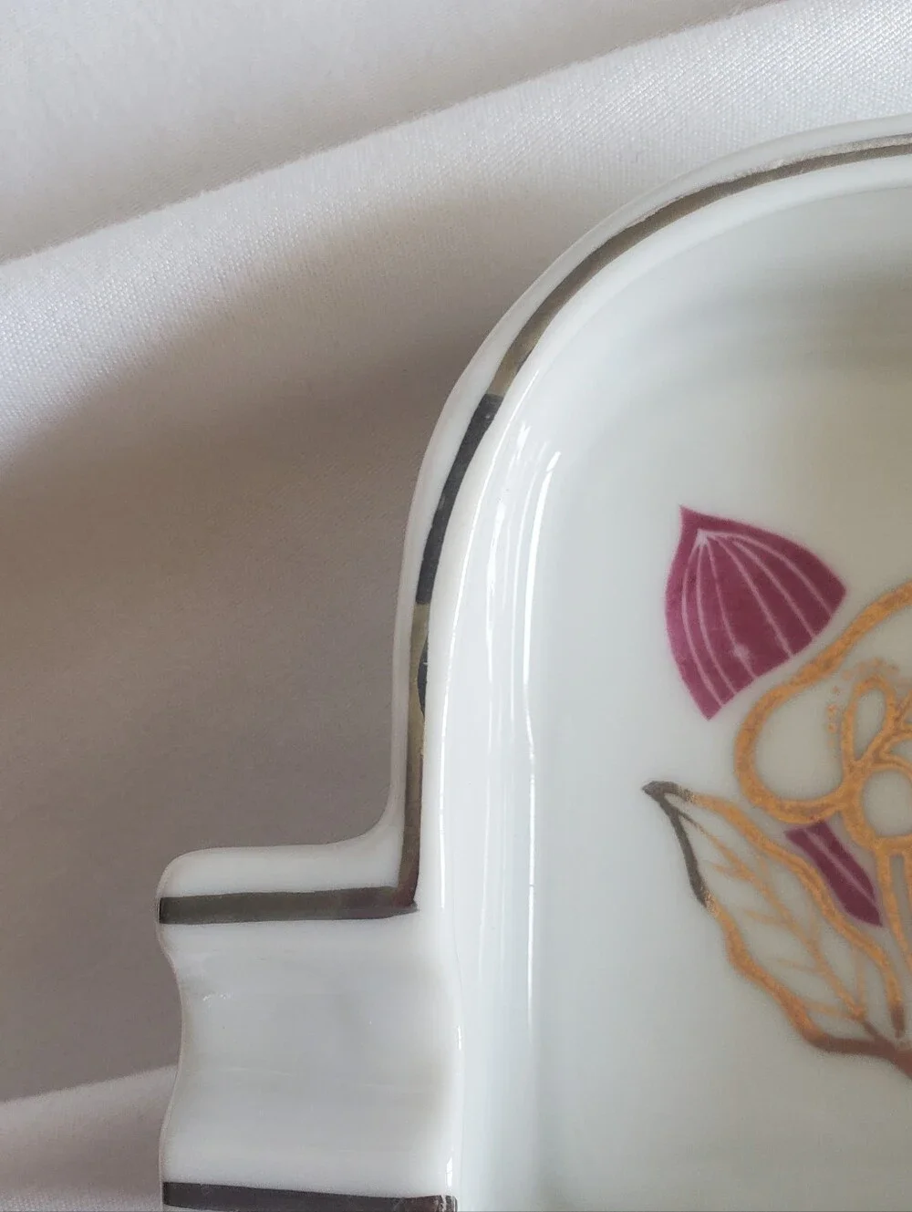 Ucagco China Vintage White Porcelain Ashtray with Gold and Plum Floral Accent